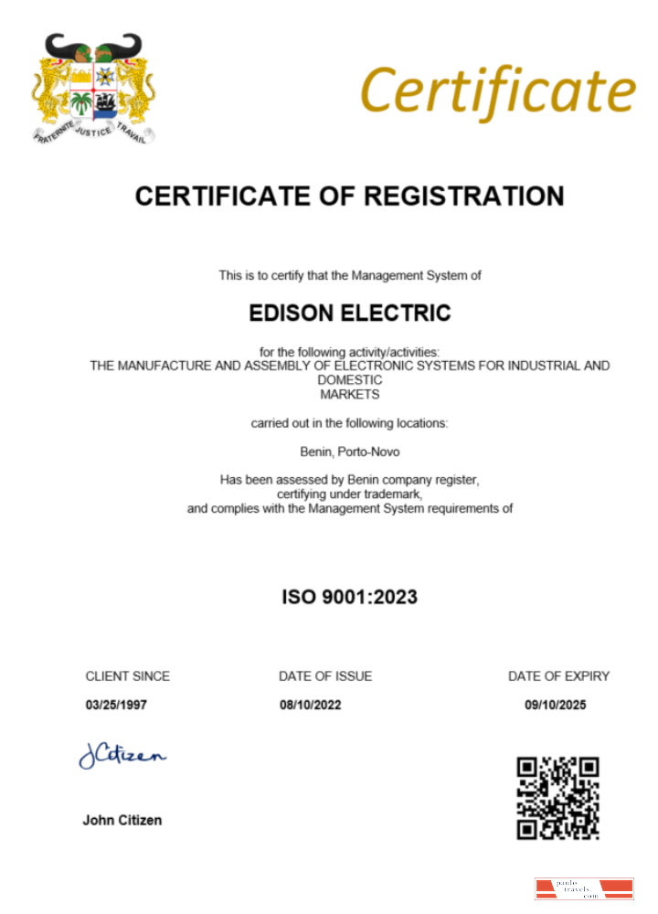 Benin certificate of registration Word and PDF template